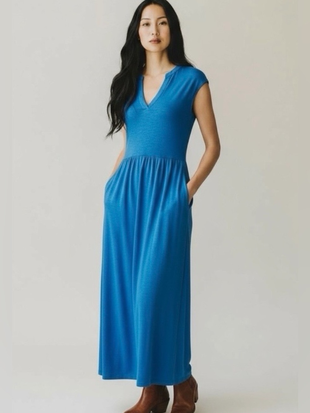 Boden Brilliant Blue Chloe Split Collar Cap Sleeve Jersey Midi Dress Size 12